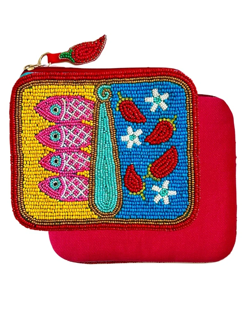 Sardines in Tin Can Chili Pepper Coin Pouch, Sardines Beaded Bag Coastal